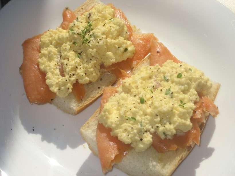 Salmon toast with creamy English scrambled eggs